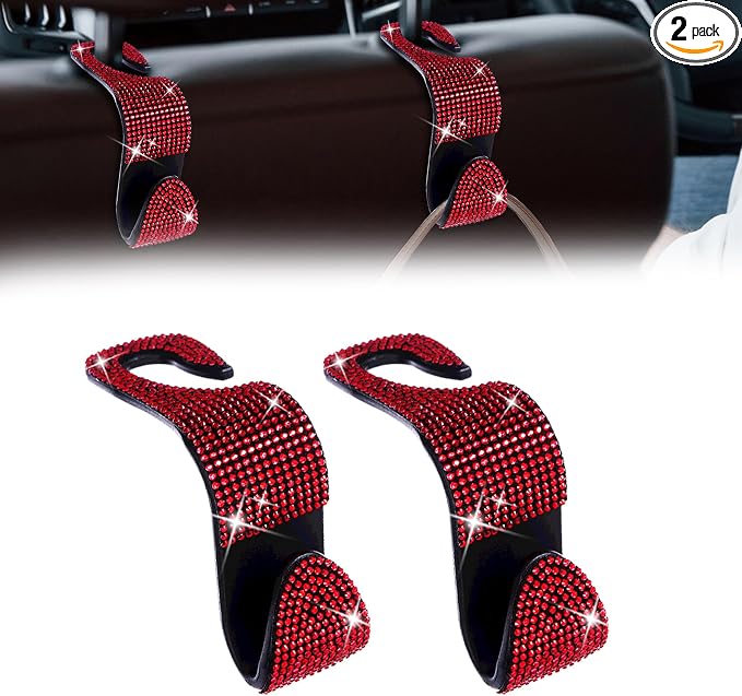 2 Pack Car Hooks, Bling Rhinestones Crystal Hooks, Auto Seat Back Organizers, Car Decorations Backseat Hanger, Car Seat Hooks Perfect for Holding Handbags, Clothes, Purses and Water Bottles