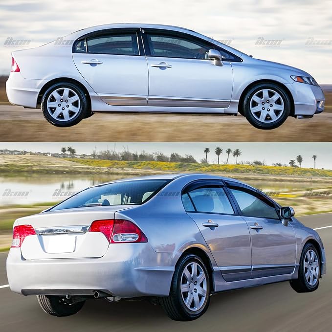 Fit 2006-2011 Honda Civic Sedan Only Tape on Slim Style Window Visor |, Acrylic, Smoke Tinted, Sun Rain Wind Guards Shield Vent, Wind Deflector, 2007 2008 2009 2010, Self-Adhesive