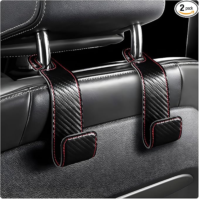 2 PCS Car Seat Headrest Hooks, Microfiber Leather Hanger Holder Hook for Hanging Purse and Bag, Universal Vehicle Back Seat Organizer Hook for Grocery Bag Handbag Coat (Carbon Fiber)