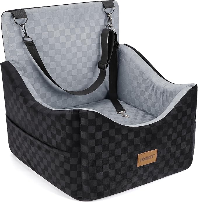Elevated Dog Car Seat for Small/Medium Dogs up to 35 lbs, Memory Foam Booster Seat with Detachable Washable Cover, Travel-Safe Car Bed with Safety Belts & Storage Pockets, Grey