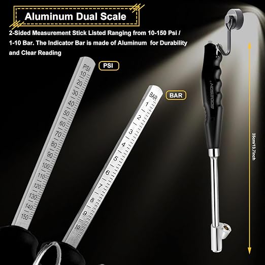 Tire Pressure Gauge - Silver Dual Head Air gauges with PVC Handle, 10-150 PSI/10 Bar Dual Scale, 13.3" Extended for Car,Semi Trucks and Motorcycles,Analog Tire Pressure Checker in Dually Tires