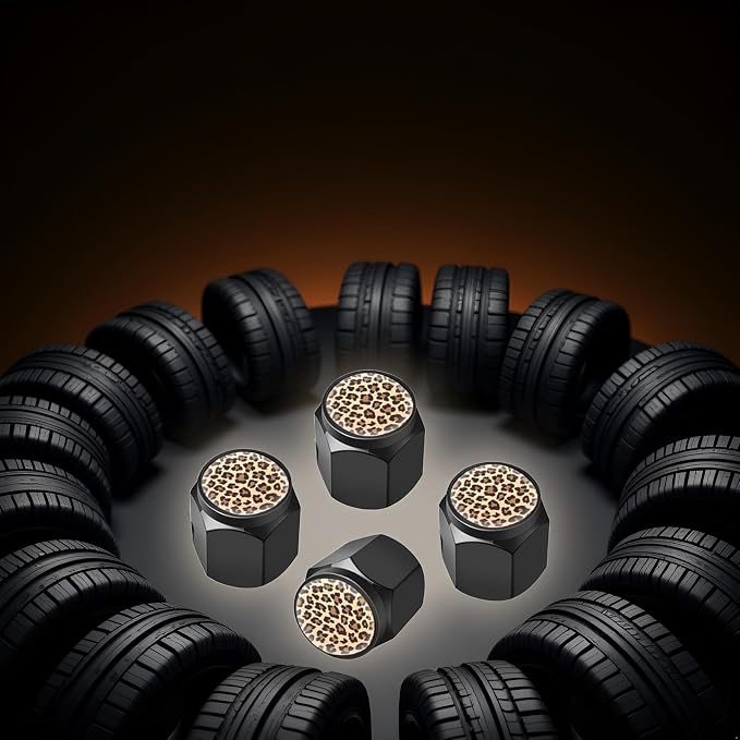 Tire Valve Stem Caps Cover,4 Pcs Metal Black Air Valve Cap, Aluminum Car Wheel Stem Caps,Universal Stem Covers for Cars,Trucks,Bikes,Bicycles, Motorcycles,Corrosion Resistant (Leopard)