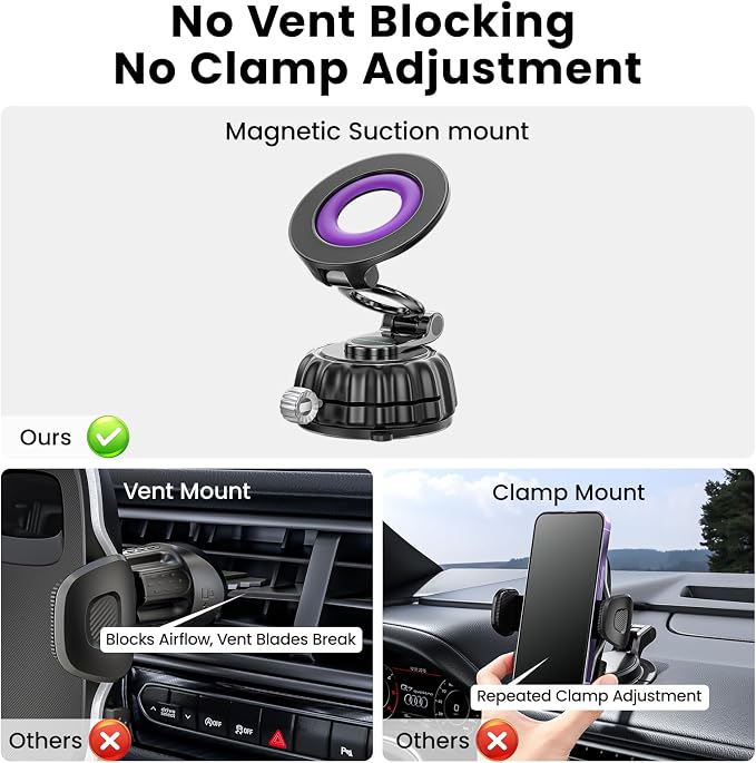 Stable Magnetic Vacuum Suction Cup Phone Holder for Car, Foldable Hands-Free Phone Mount for Dashboard and Windshield, Fit for iPhone & Android Phones, 360° Rotation, Convenient for Calls (Purple)
