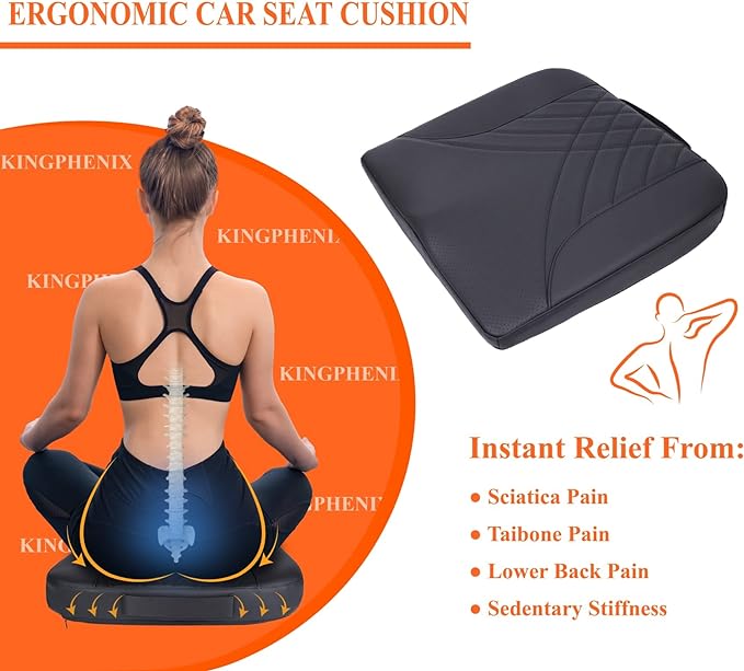 Premium Car Seat Cushion, Memory Foam Driver Seat Cushion to Improve Driving View- Coccyx & Lower Back Pain Relief - Seat Cushion for Car, Truck, Office Chair (Leather Black)