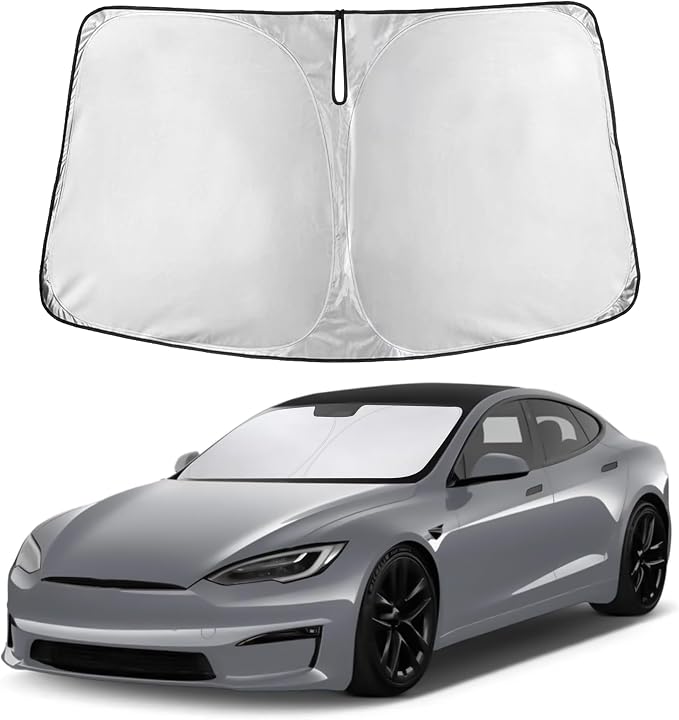 Windshield Sunshade Compatible for Tesla Model S Plaid 2021-2024 2025 2026, Sun Visor for Front Windshield & Window Sun Shade Cover, UV Heat Blocker & Protector, Car Accessories