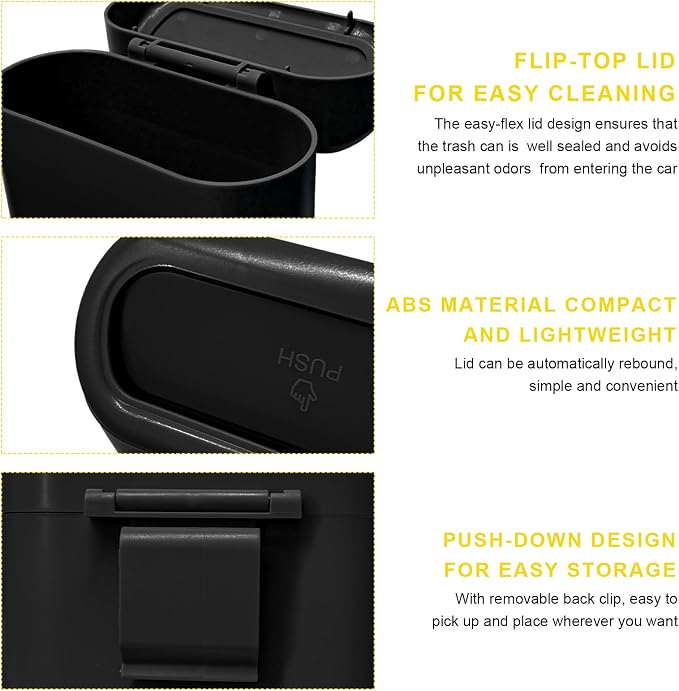 Car Trash Can Bin with Lid, Mini Portable Auto Garbage Can with 15Pcs Trash Bags, Waterproof Leakproof Small Garbage Organizer, Car Dustbin for Vehicle, Home, Office (Black)