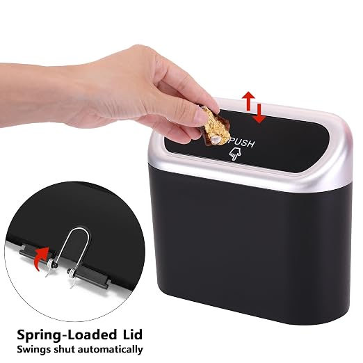 Mini Car Trash Can with Lid, Small Car Garbage Can, Cute Leakproof ABS Car Trash Bin, Car Accessories for Interior, Garbage Bin for Car, Home, Office with 120pcs Trash Bags Black/Silver