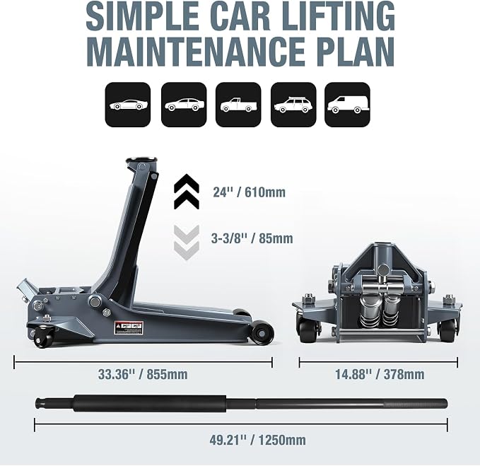 3 Ton Extra Long Reach Floor Jack Hydraulic Low Profile Floor Jack with Dual Piston Quick Lift Pump, Home and Workshop Car Maintenance for Various Vehicles, 3 Ton (6,600 lbs) Capacity, Grey