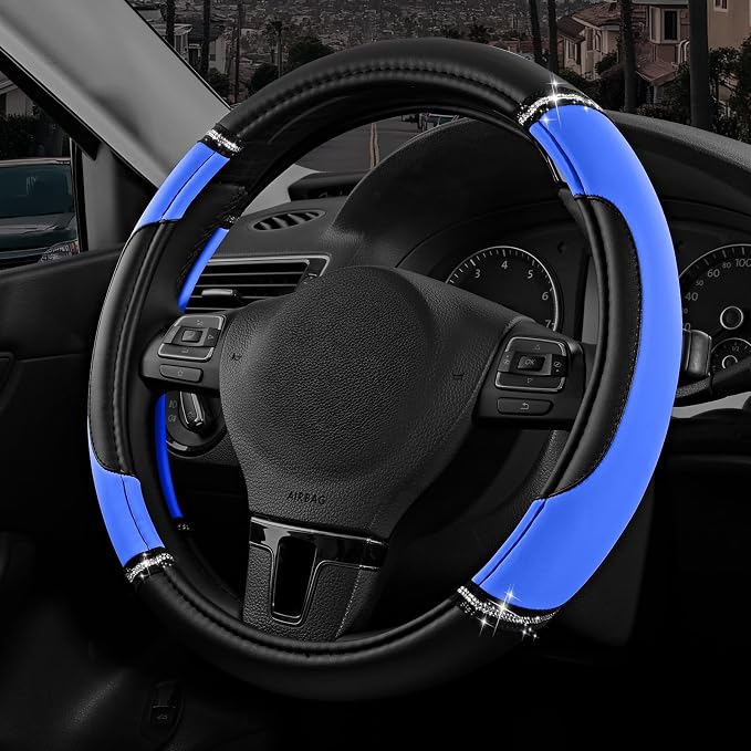 Leather Steering Wheel Cover - Made with PVC Leather - Anti-Slip, Universal Fit 14 1/2 inches to 15 inches - Blue