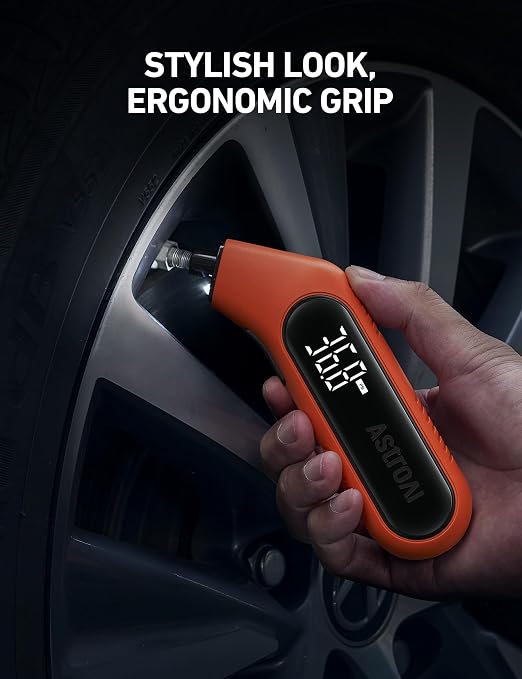 Digital Tire Pressure Gauge 3-300PSI Calibrated to ANSI B40.7 Grade 2A (0.5%), Backlight and Flashlight, Presta Valve Adaptor Included, 4 Units, AAA Batteries, Orange, 2Pack