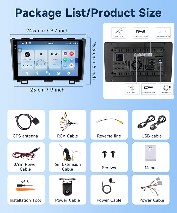 4G+64G Car Radio for Honda CRV 2007-2011, 9 inch Incell Touch Screen Radio for CRV, Wireless Carplay Android Auto, Backup Camera, 5GWiFi GPS Bluetooth FM EQ SWC