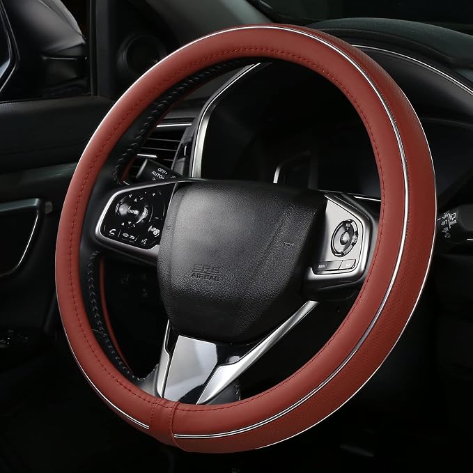 Claret Leather Steering Wheel Cover Fiber Strip Car Steering Wheel Cover Universal 15 inch for Women Girls