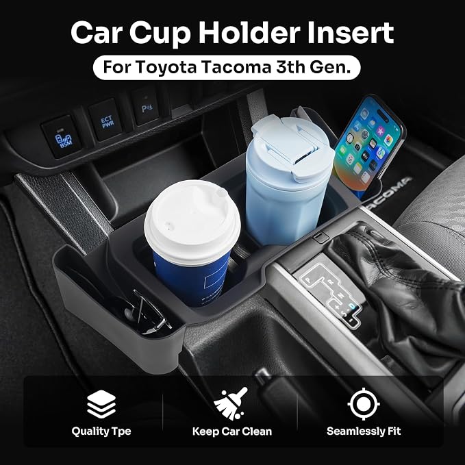 Center Console Cup Holder Insert for 2016-2023 Toyota Tacoma Interior Accessories, TPE Silicone Material 2-in-1 Center Console Drink Cup Holder Insert