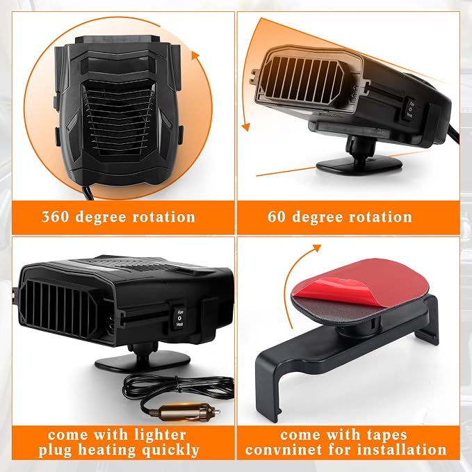 2 Pcs 12v 150w Car Heater for Vehicle Plugs into Cigarette Lighter with 360° Rotatable Base, 2 in 1 Portable Winter Windshield Defroster Electric Defogger Warmer for Car Suv Universal(Black)
