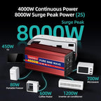 4000W Pure Sine Wave Power Inverter 12V DC to 110V 120V AC for Vehicles | Inverter for Car with 4 AC Outlets and LCD Display, 8000W Peak, Car Converter for Solar, RV, Truck, Home, Off-Grid, Camping