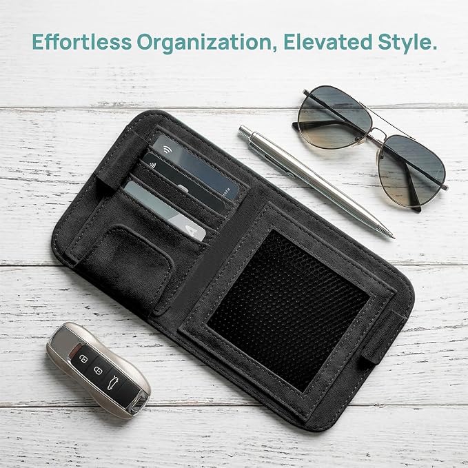 Car Sun Visor Organizer, Multi-Pocket Vehicle Sun Visor Storage Pouch with Sunglasses Clip, Auto Interior Sunshade Eyeglasses Card Holder Organizers, Universal for SUV Sedan Truck (Black)