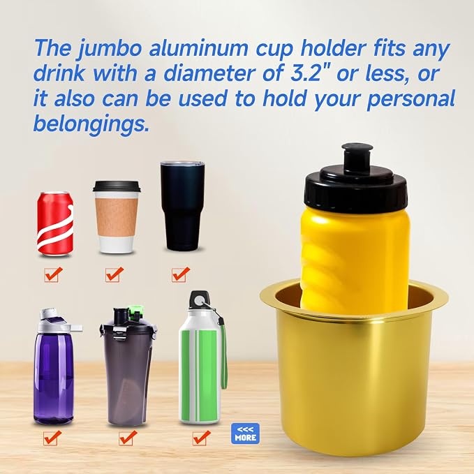 GSE Games & Sports Expert Jumbo Aluminum Cup Holder, Drop-in Cup Holder for Casino Poker Tables, Work Desks, Boats, RVs, Cars & Trucks (Gold, 2-Pack)