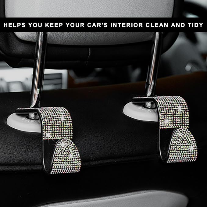 4 PCS Car Seat Headrest Hooks, Bling Crystal Rhinestone Back Seat Hanger Storage Organizer, Sparkly Seatback Holder Hooks for Purse and Bags Universal For Most Vehicles (Colorful)