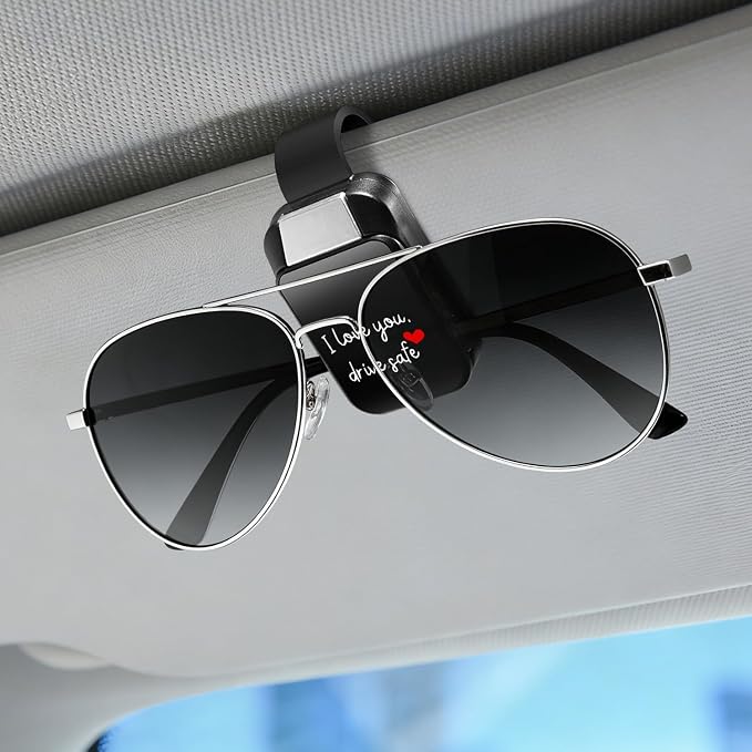 2 Pack Sunglasses Holder for Car, I Love You Drive Safe One-Handed-Operation Visor Sunglass Holder Clip