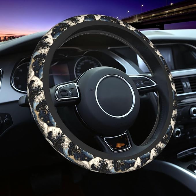 Japanese Wave Black Steering Wheel Cover Car Accessories Cute for Women Girls Girly Universal 15 Inch Neoprene Auto Interior Decor Anti Slip Car Truck Protector