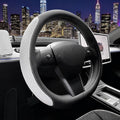 Flat Bottom Steering Wheel Cover, D Shaped Car Wheel Cover 14 1/2-15 in. (37-39 cm), Black White Embossed Microfiber Leather
