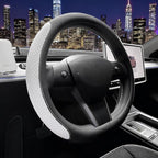 Flat Bottom Steering Wheel Cover, D Shaped Car Wheel Cover 14 1/2-15 in. (37-39 cm), Black White Embossed Microfiber Leather