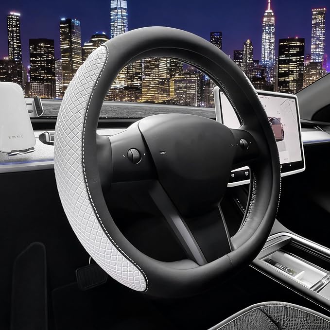 Flat Bottom Steering Wheel Cover, D Shaped Car Wheel Cover 14 1/2-15 in. (37-39 cm), Black White Embossed Microfiber Leather