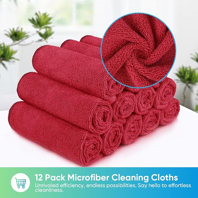 Red Microfiber Cleaning Cloth, 12 Pack Premium Microfiber Towels for Cars, Lint Free, Scratch-Free, Highly Absorbent, Reusable Cleaning Rags for Car, Household, Kitchen, Window, 11.5"X11.5"