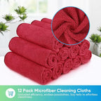 Red Microfiber Cleaning Cloth, 12 Pack Premium Microfiber Towels for Cars, Lint Free, Scratch-Free, Highly Absorbent, Reusable Cleaning Rags for Car, Household, Kitchen, Window, 11.5"X11.5"