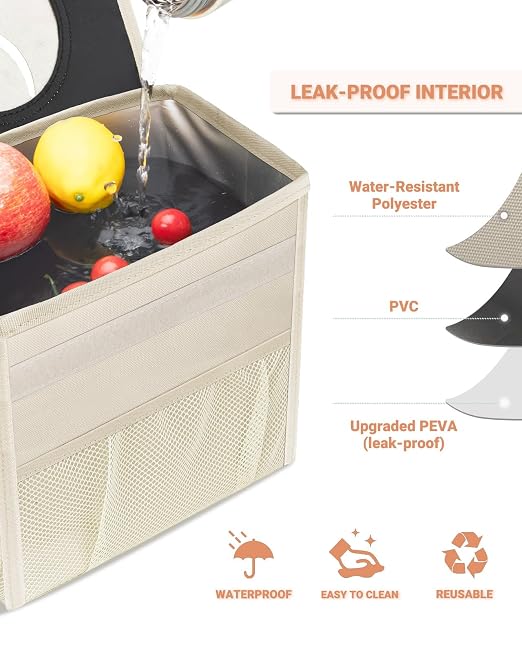 Car Trash Can with Lid, Leakproof Car Trash Bag Hanging Waterproof Automotive Garbage Can with Storage Pockets Mini Vehicle Trash Bin for Back/Front Seat(Beige,3 Gallon)