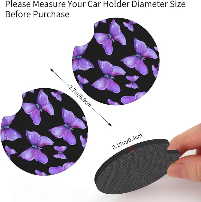 Butterfly Purple Steering Wheel Cover +2Pc Car Coasters Universal 15In | Beauty Butterfly Breathable Anti-Slip Car Suitable for Men Women