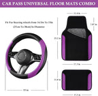 Faux Leather Steering Wheel Cover and Waterproof Car Floor Mats,Universal Car Combo Fit for 95% Sedan,SUV,Cars,14.5-15inch Sporty Anti-Slip Safety Comfortable Design(Black＆Purple)