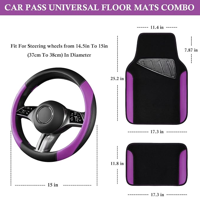 Faux Leather Steering Wheel Cover and Waterproof Car Floor Mats,Universal Car Combo Fit for 95% Sedan,SUV,Cars,14.5-15inch Sporty Anti-Slip Safety Comfortable Design(Black＆Purple)
