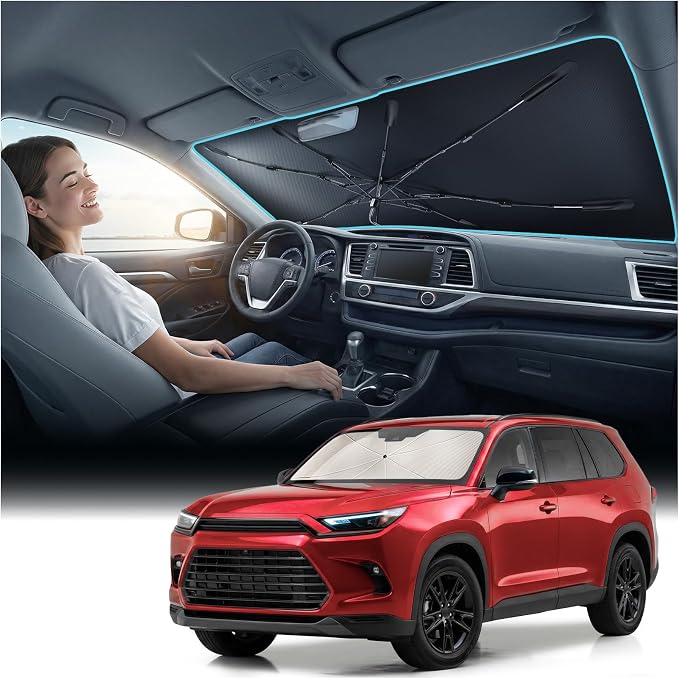 Windshield Sun Shade Umbrella for for Toyota SUV - [Vinyl Coating Heat Shield] Protect Car from Sun Rays & Heat Damage Keep Cool and Protect Interior, Spring Structure Edge