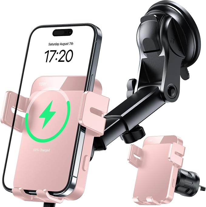 Wireless Car Charger, 15W Auto Clamping Car Charger Dash Windshield Air Vent Phone Holder Compatible with iPhone 16 15 14/13/13 Pro/12 pro/12/11/X/8, Samsung S24/S23/S22, Pink