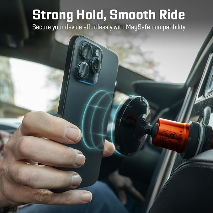 MobNetic Maxx MS - MagSafe Compatible Car Phone Mount w/ 90º Tilt, 360º Rotation & Durable Aluminum Build, Magnetic Holder for iPhone & Android Devices, USA Assembled - Orange Chrome
