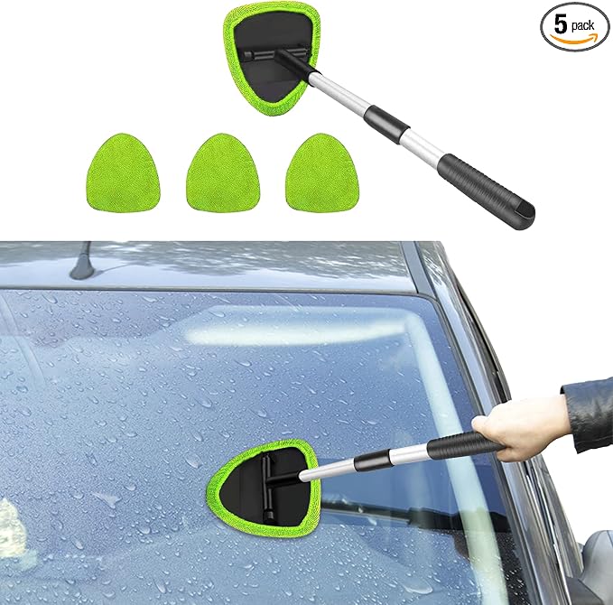 Windshield Cleaning Tool, Car Window Cleaner with Extendable Long Handle and 4 Washable Reusable Microfiber Pads, Auto Interior Exterior Auto Glass Wiper for Windshield, Universal for Cars (Green)
