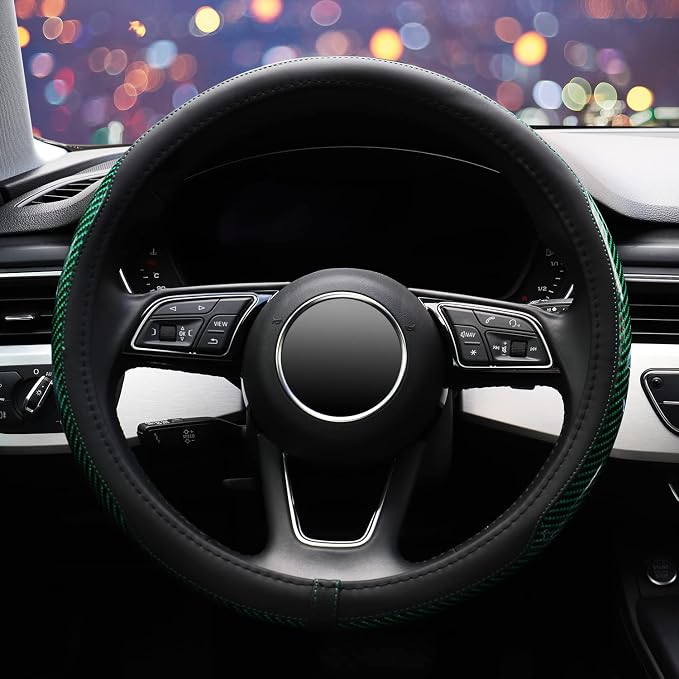 Carbon Fiber Steering Wheel Cover, Universal 15 Inch Microfiber Leather Auot Car Steering Wheel Cover for Women Men, Anti-Slip, Black&Green