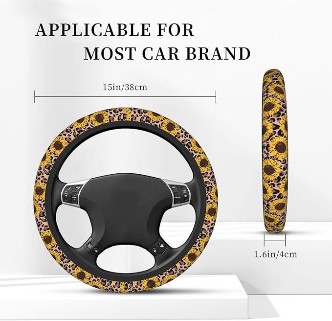 Elastic Car Steering Wheel Cover,Yellow Sunflowers Leopard Print Protector Upgrade Thicken,Anti Slip Soft Car Interior Decor for Diverse Cars Truck SUV for Men Women Universal 15 Inch
