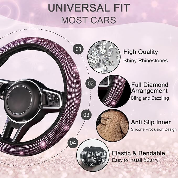 12 Pcs Bling Car Accessories Set for Women Car Floor Mats Full Set Steering Wheel Cover Seat Belt Covers Coasters Universal Fit Car SUV Truck Van Pink