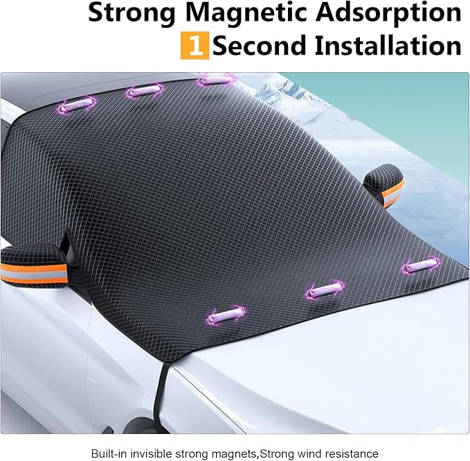 Car Windshield Sun Shade, Thickened Windshield Snow and Sun Cover with Side Window & Rearview Mirror Protector, Scratch-Resistant Aluminum Foil Sun Shade with Anti-Theft Straps (Black)