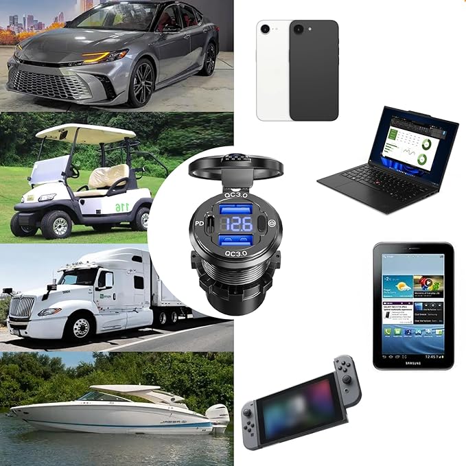 12V USB Outlet, Aluminum Alloy Dual 18W QC3.0 Ports & 36W PD USB Charging Port 12 Volt Outlet Charger Socket, Accessories for Car Boat Marine Motorcycle RV ATV Truck Golf Cart, etc