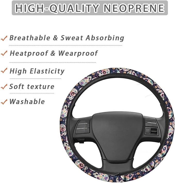 Steering Wheel Cover for Women, Hippie Flower Skull Sweat Absorbing Non-Slip Steering Wheel Protection Case, Machine Washable Elastic Flexible Universal 14 to 15 inch