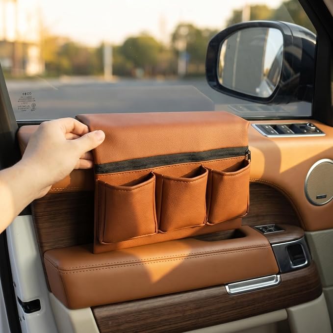 Car Window Armrest Storage Box: Leather Window Side Bag Organizer with Cushion Pocket Universal Front Car Door Armrest Pad Accessory for Vehicle Truck Console Elbow Support Brown