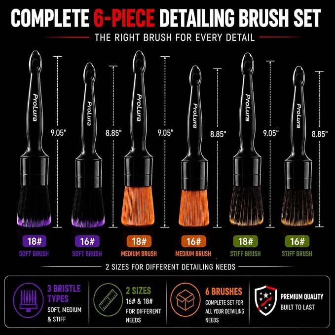6PCS Car Detailing Brush Set - 2 Boar Hair Brushes, 2 Ultra Soft No-Scratch Brushes & 2 Medium Detail Brushes for Car Interior & Exterior Cleaning | Car Detailing kit