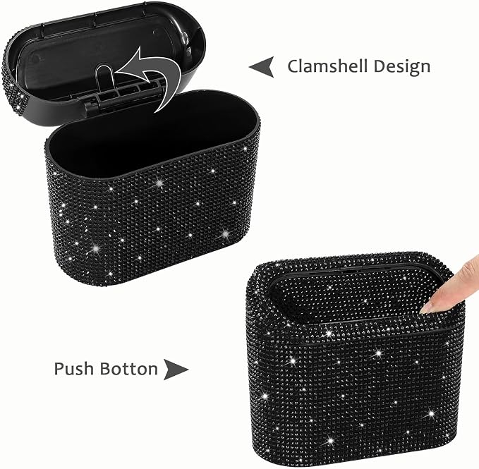 Bling Car Trash Can with Lid, Mini Vehicle Garbage Organizer Storage Bin Dustbin, Sparkling Crystal Rhinestone Holder Container with 30pcs Garbage Bags Car Accessories
