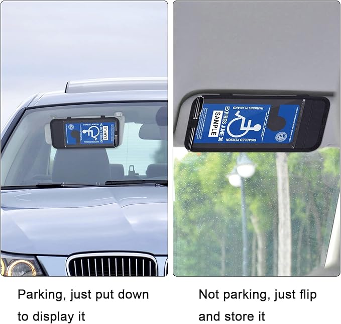 Handicap Placard Holder for Auto, Disabled Parking Permit Sign Protector for Car Sun Visor with Note Paper Slot, Pen Holder and Elastic Strap - Black