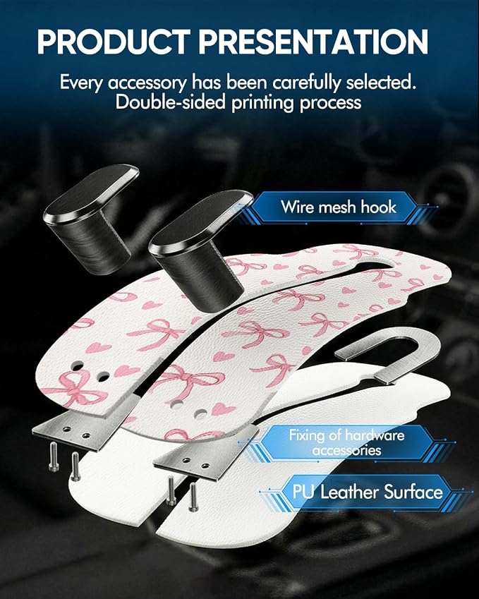 Purse Holder for Car, 2 Pack Heavy Duty Purse Hanger for Car, PU Leather Car Seat Hooks for Purses and Bags, Cute Pink Bow Headrest Organizer for Handbags & Backpacks