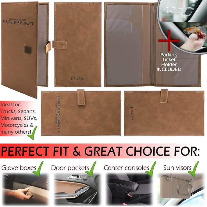 Registration and Insurance Card Holder - Car Organizer - Brown | Vehicle Glove Box Document Organizer, Auto Essential Paperwork Holder for Contact Information Cards, Interior Car Accessories