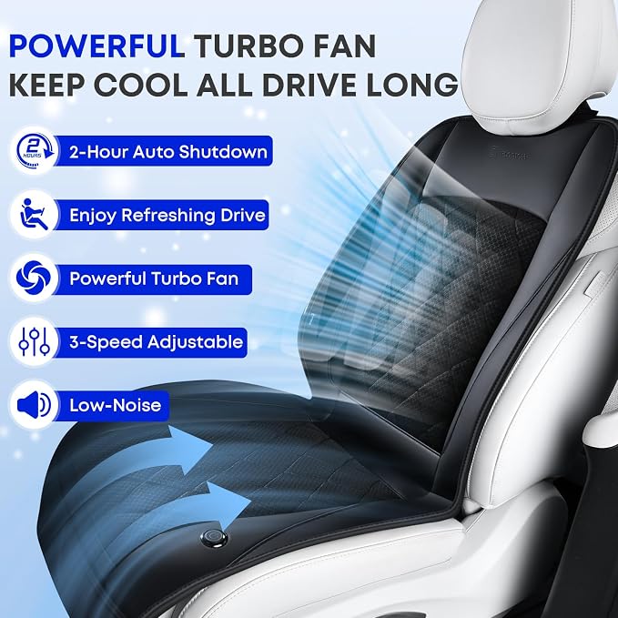 [2026 Upgrade] Cooling Car Seat Cover Ventilated Seat Cushion Summer Driving 12V-24V Ventilated Car Seat Cushion with 2 Powerful Turbo Fans with 3-Speed Adjustable Universal Fit Most Car-Black